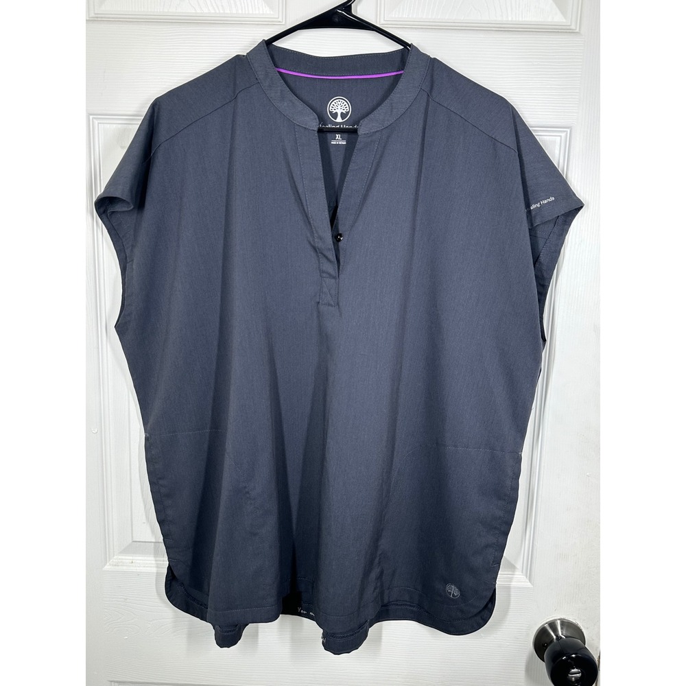 Healing Hands Scrub Top Womens XL Gray Medical Uniform V-Neck Short Sleeve 7093